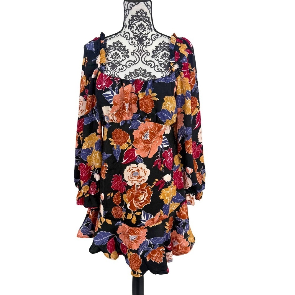 Band of the Free Marguerite Floral Mini Dress Black Boho Romantic Puff Sleeve M